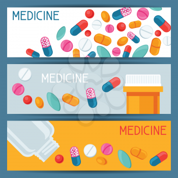 Medical banners design with pills and capsules.