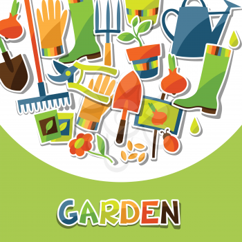 Background with garden sticker design elements and icons.