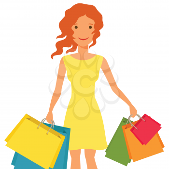 Illustration of  young girl with shopping bags.