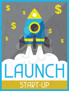 Launch Start-up. Retro poster in flat design style.