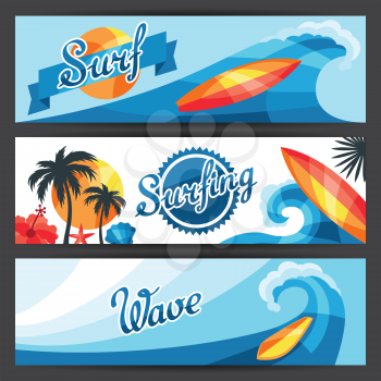 Banners with surfing design elements and objects.