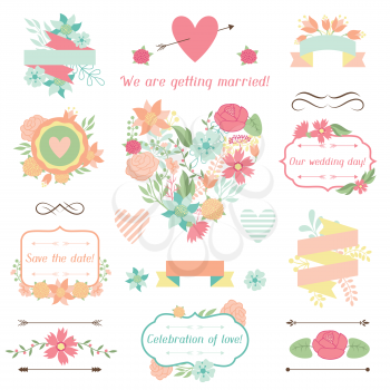 Wedding collection of decorations flowers ribbons and labels.