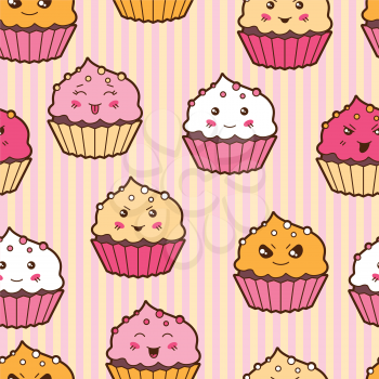 Seamless kawaii cartoon pattern with cute cupcakes.