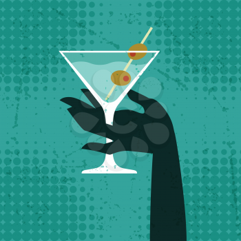 Illustration with glass of martini and hand.