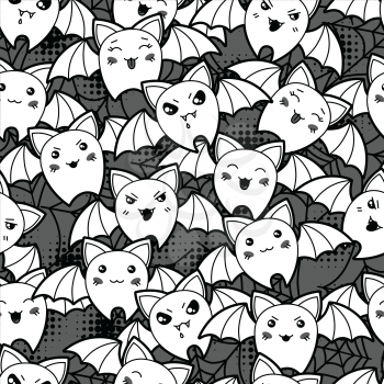 Seamless halloween kawaii cartoon pattern with cute bats.