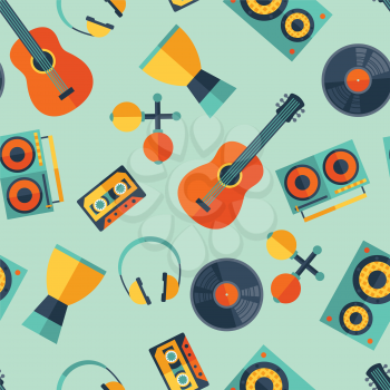 Seamless pattern with musical instruments in flat design style.