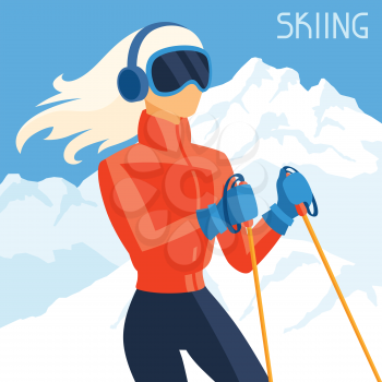 Girl skier on mountain winter landscape background.