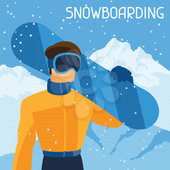 Man snowboarder on mountain winter landscape background.
