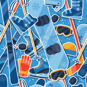 Winter sports seamless pattern with equipment sticker icons.