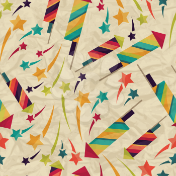 Seamless pattern with fireworks on crumpled paper.