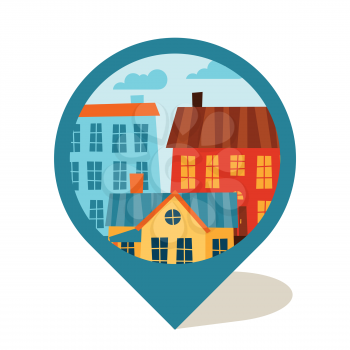 Cityscape navigation marker with cute colorful houses.