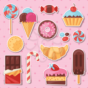 Set of colorful sticker candy, sweets and cakes.