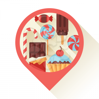 Navigation marker with colorful candy, sweets and cakes.