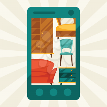 Illustration with mobile phone and furniture in retro style.