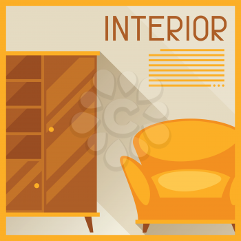 Interior illustration with furniture in retro style.