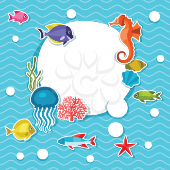 Marine life sticker background with sea animals.