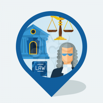 Navigation marker with law icons in flat design style.