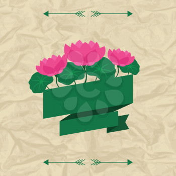 Tropical background with stylized lotus flowers and ribbon.