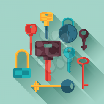 Locks and keys icons set in flat style.