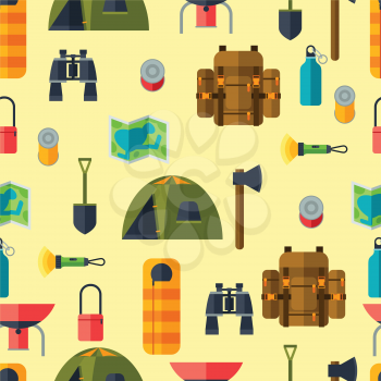 Tourist seamless pattern with camping equipment in flat style.