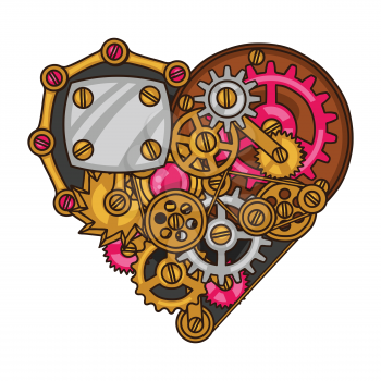 Steampunk heart collage of metal gears in doodle style.