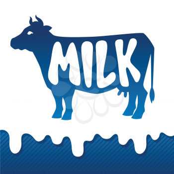 Cow silhouette emblem design on drips of milk background.