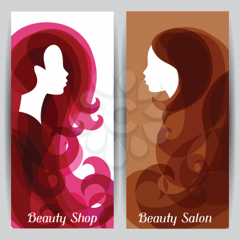 Woman silhouette with curly hair on banners for hairdressing salon.