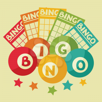 Bingo or lottery retro game illustration with balls and cards.