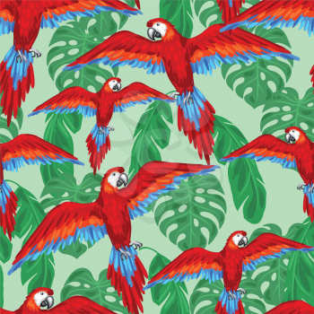 Tropical birds seamless pattern with parrots and palm leaves.
