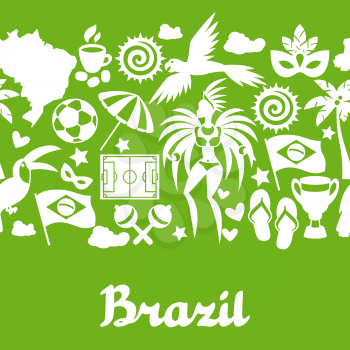 Brazil seamless pattern with stylized objects and cultural symbols.