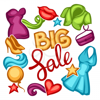 Sale background with female clothing and accessories.