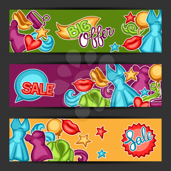 Sale banners with female clothing and accessories.