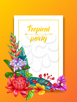 Invitation card with Thailand flowers. Tropical multicolor plants, leaves and buds.