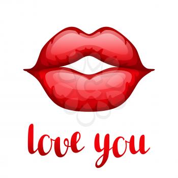 Love you. Happy Valentine day greeting card with bright red lips.