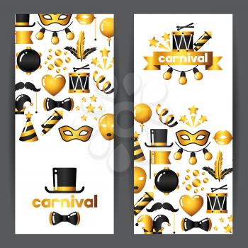 Carnival banners with gold icons and objects. Celebration party backgrounds.