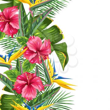Seamless border with tropical leaves and flowers. Palms branches, bird of paradise flower, hibiscus.