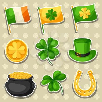 Saint Patricks Day objects. Flag Ireland, pot of gold coins, shamrocks, green hat and horseshoe.