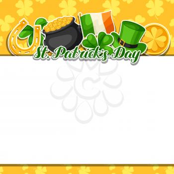Saint Patricks Day frame. Flag Ireland, pot of gold coins, shamrocks, green hat and horseshoe.