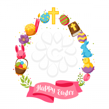 Happy Easter frame with decorative objects, eggs and bunnies.
