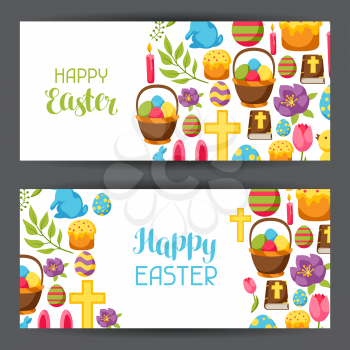 Happy Easter banners with decorative objects, eggs and bunnies.