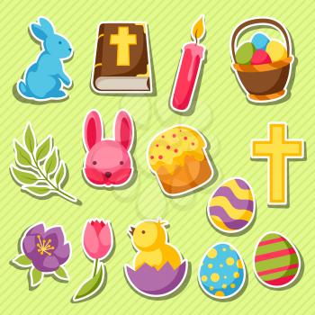 Happy Easter set of decorative objects, eggs and bunnies stickers.
