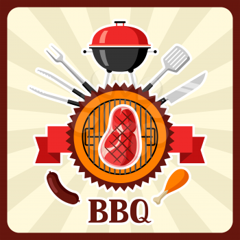 Bbq card with grill objects and icons.