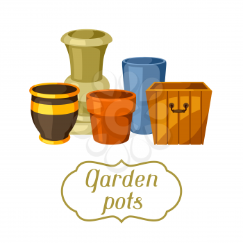 Garden pots. Background with various color flowerpots.