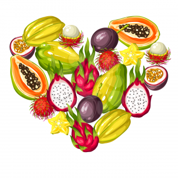 Heart shape with exotic tropical fruits. Illustration of asian plants.