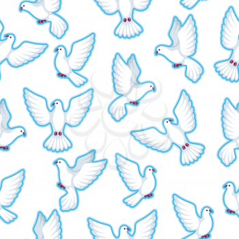 Seamless pattern with white doves. Beautiful pigeons faith and love symbol.