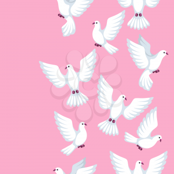 Seamless pattern with white doves. Beautiful pigeons faith and love symbol.
