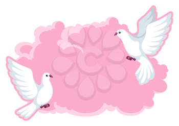Background with white doves. Beautiful pigeons faith and love symbol.