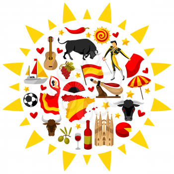 Spain background in shape of sun. Spanish traditional symbols and objects.