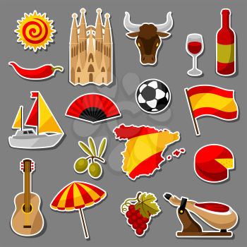Spain sticker icons set. Spanish traditional symbols and objects.