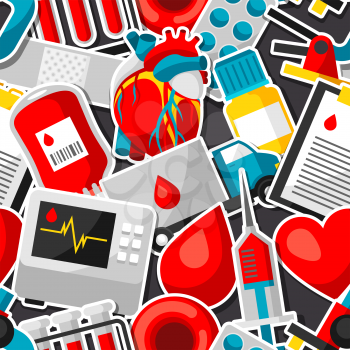 Seamless pattern with blood donation items. Medical and health care sticker objects.